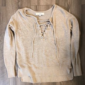 Loft tan knit XS sweater with criss cross tie